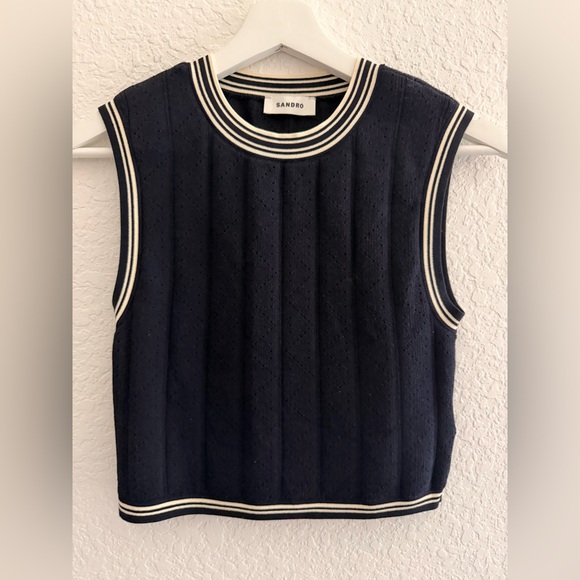 Sandro Tops - Sandro Navy Knit Sweater Vest Top | Striped Trim Designer Blouse Layering Piece